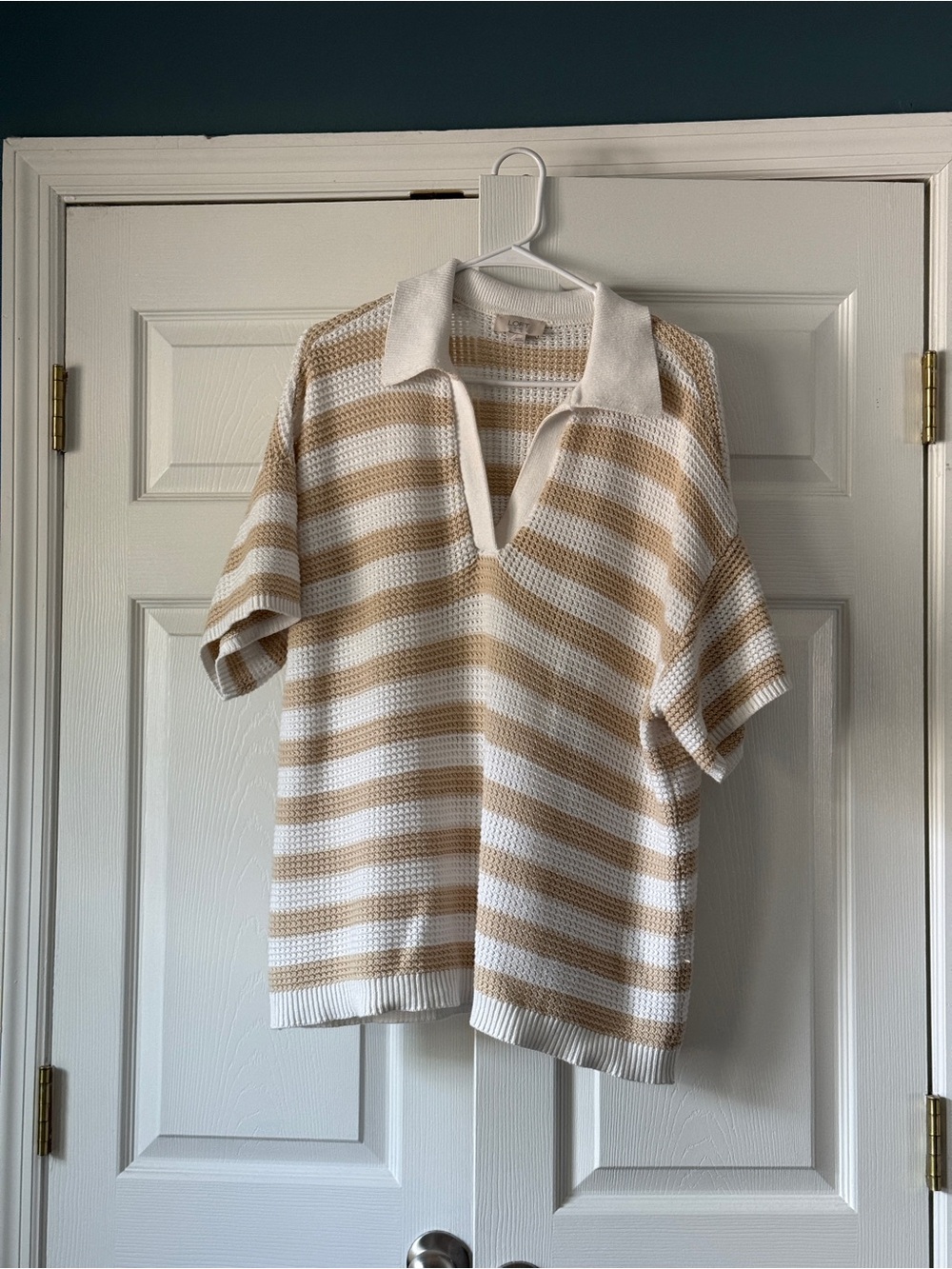 Banana Republic Cream and Tan Striped V-Neck Sweater